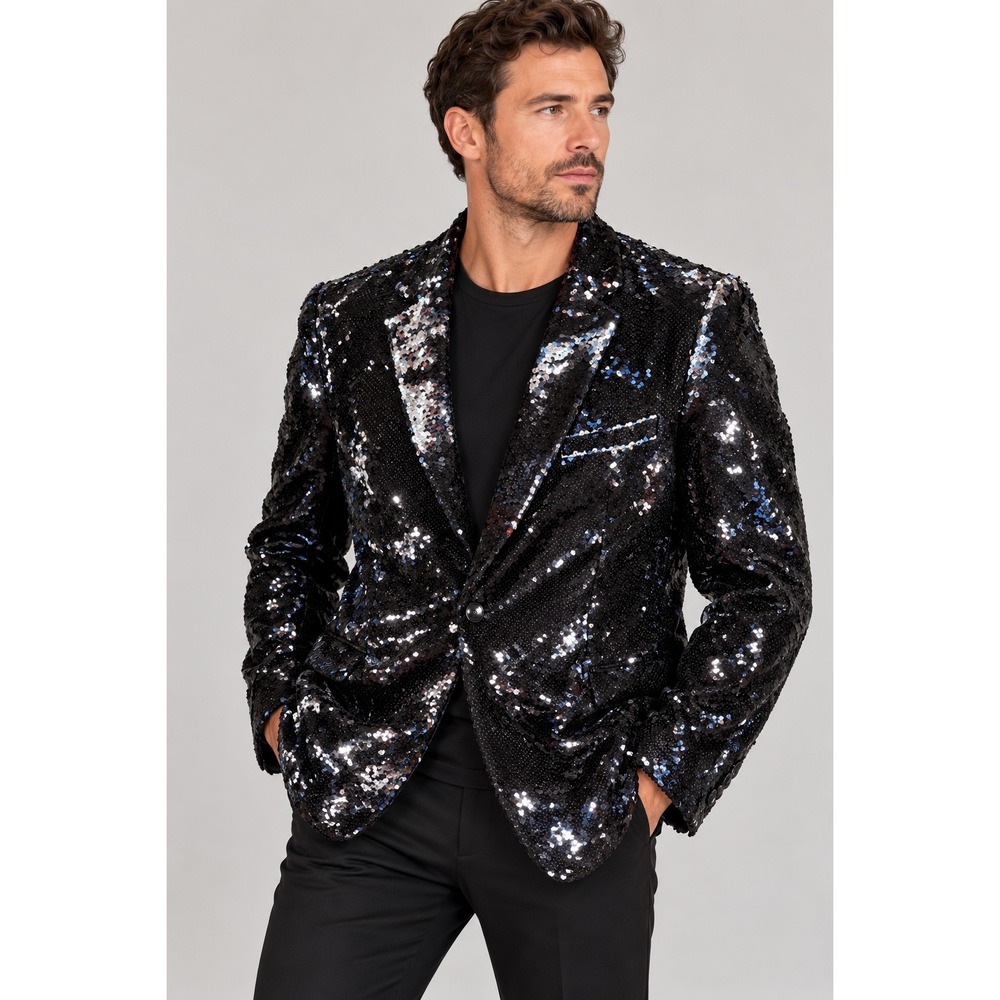 COOFANDY Mens Black Sequin Blazer Shiny One Button Party Dress Jacket Size L